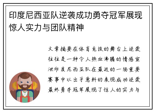 印度尼西亚队逆袭成功勇夺冠军展现惊人实力与团队精神