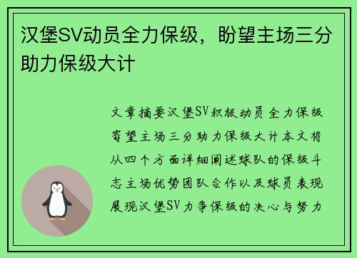 汉堡SV动员全力保级，盼望主场三分助力保级大计